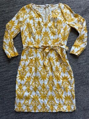 Boden Kelsey White & Yellow 3/4 Sleeve Tie-Waist Dress 100% Linen Tropical Vacay